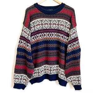 Vintage Nordic Cabin Men Sweater Size XL Stripe Fair Isle Ski Grandpa Pullover